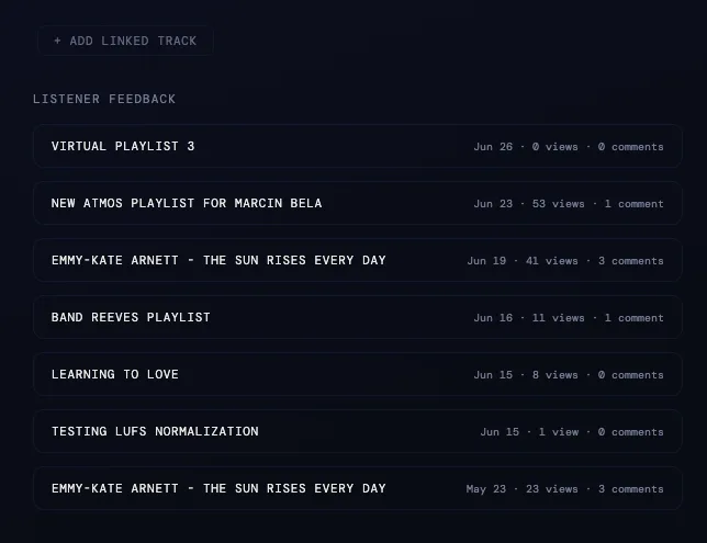 Tracklyst creator view showing named projects with view and comment counts